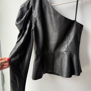 BCBGMaxAzria Black One-Shoulder faux Leather Peplum Top